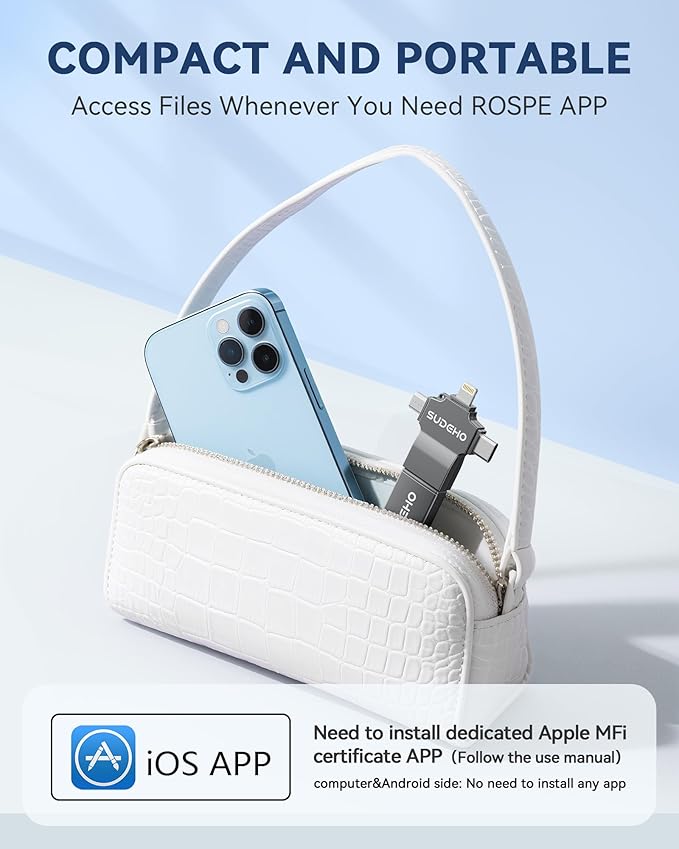 MFi Certified Photo Stick 128GB USB Flash Drive for iPhone, 4 in 1 External Memory Thumb Drive for Picture Video Data Backup, High Speed Memory Stick USB Drive for iPhone/iPad/Android/PC (Gun Black)