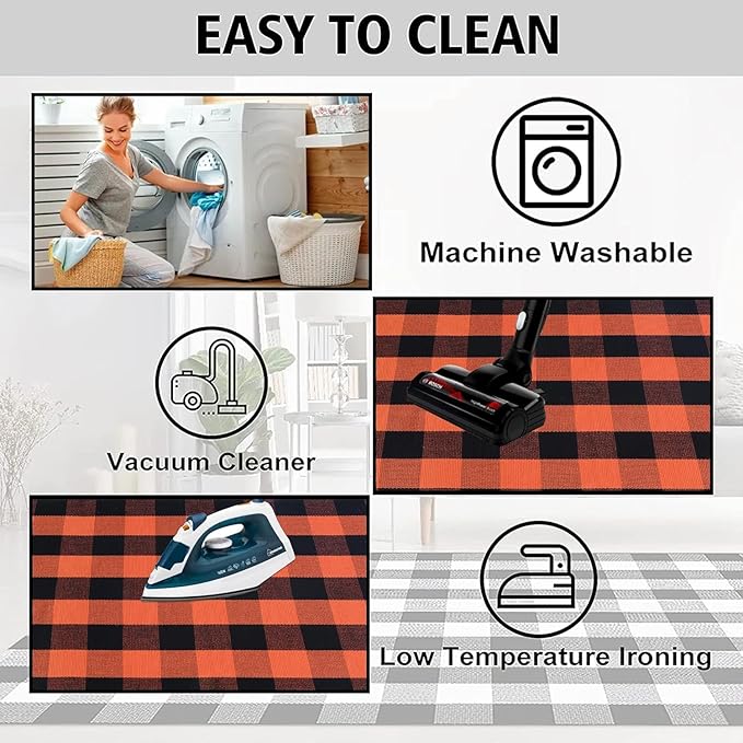 Orange and Black Plaid Rug, 24'' x 51'' Fall Outdoor Front Door Decor Mat, Cotton Washable Hand-Woven Rug for Layered Doormat, Autumn Halloween Thanksgiving Carpet for Porch, Entryway