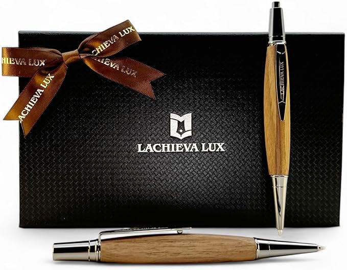 LACHIEVA LUX Walnut Wood Ballpoint Pen and Mechanical Pencil Set – Triangle Grip, Luxury Gift for Men and Women, Includes Refills and Gift Box