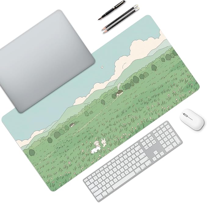 MAYCARI Cute Desk Mat Kawaii Mousepad, Anime Aesthetics Desk Pad XXL Cute Green Nature Mouse Pad Computer Keyboard Mat, Office Desk Pad Protector 31.5"X15.7"