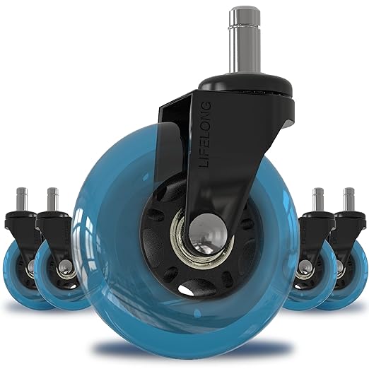 Lifelong Office Chair Wheels Replacement Rubber Chair Casters for Hardwood Floors and Carpet, Set of 5, Heavy Duty Office Chair Mats - Fits 98%