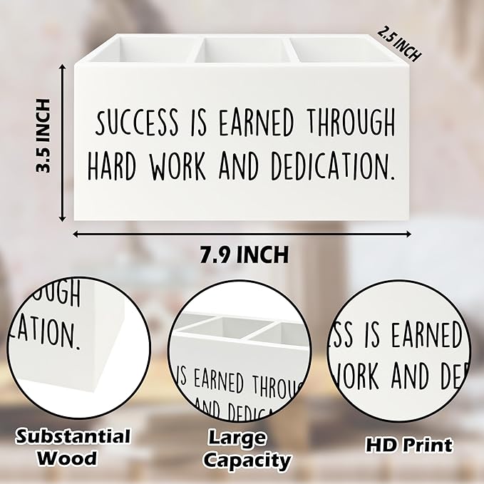 Motivational Gifts Pen Pencil Holder Organizer for Desk, Success Is Earned Through Hard Work and Dedication Inspirational Wooden Box Signs Decorations for Home Office Desk Tabletop