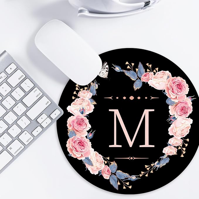 Letter M Black and Pink Flowers Round Mouse Pad,Funny Small Mouse Pad with Non-Slip Rubber Base,Mouse Mat,Home Office Decor Desk Accessories,8.7inch Round Mouse Pad