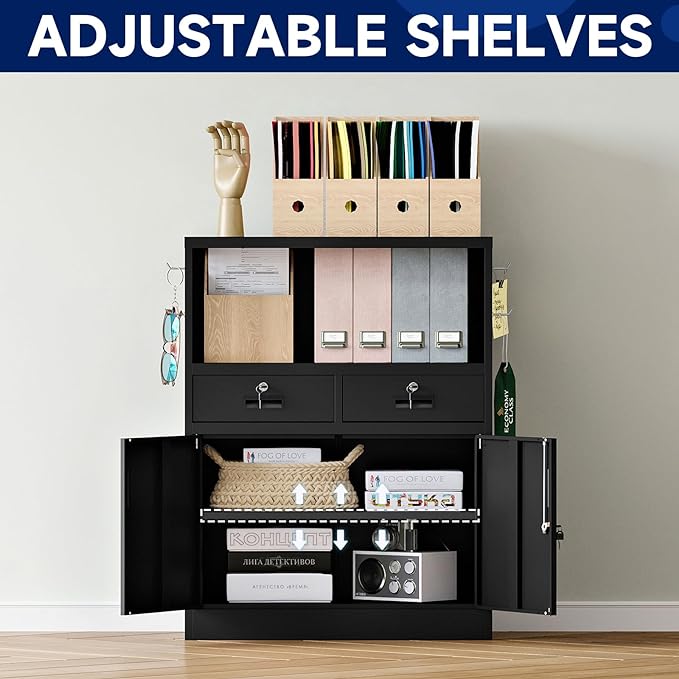 Yizosh Metal Storage Cabinet with 2 Drawers and Locking Doors,- 41.3" Steel Lockable Storage Cabinet with Shelves for Home Office,Garage,School (Black)
