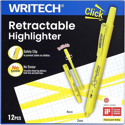 WRITECH Retractable Highlighters Chisel Tip: Fluorescent Yellow Ink Highlighter Marker Pens No Bleed & Smear Pack for Home School Office (12ct Yellow)