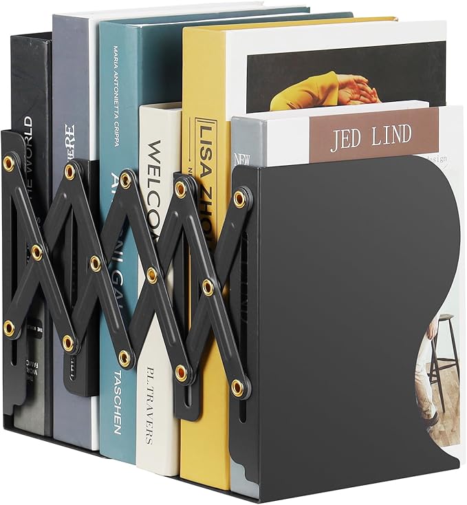 Olebes Adjustable Book Ends, Metal Non Skid Expandable Bookcase Bookend Stand Holder Book Storage Rack, Heavy Duty bookends for Shelf, Office Desk,Stationery (Black)