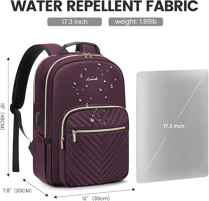 LOVEVOOK Laptop Backpack for Women 17.3 inch,Cute Womens Travel Backpack Purse,Professional Laptop Computer Bag,Waterproof Work Business College Teacher Bag Carry on Backpack with USB Port,Deep Purple