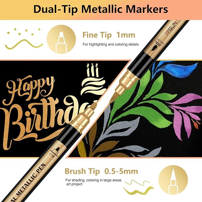 Metallic Marker Pens, 12 Colors Dual Tip Acrylic Paint Pens for Black Paper, Scrapbooking, Photo Album, Rock Painting, Paint Marker for DIY Arts & Crafts, Glass, Wood, Card Making, Scrapbook Supplies