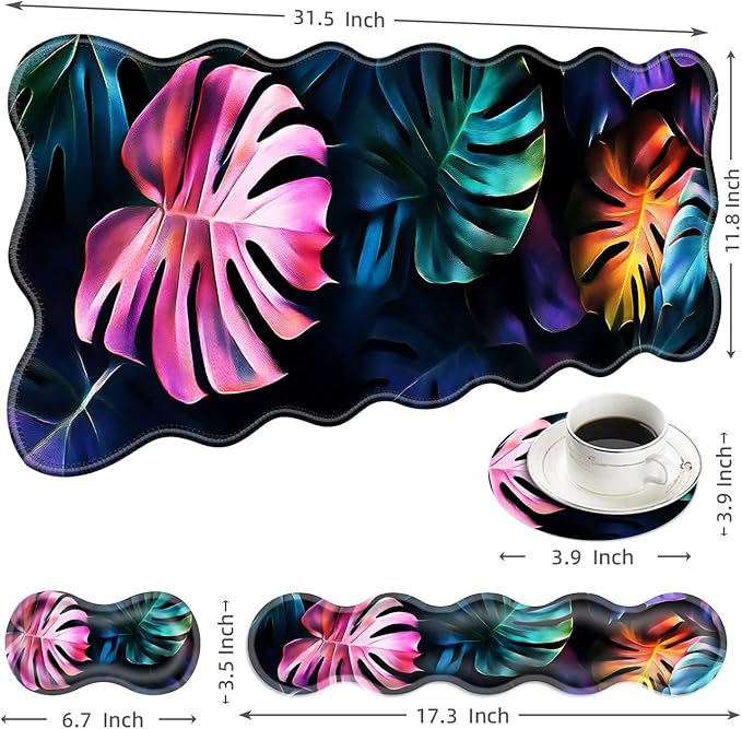 Large Mouse Pad and Keyboard Wrist Rest, Desk Pad for Keyboard and Mouse, 4-in-1 Large Gaming Mouse Pad with Wrist Support, Desk Mat for Home Office Study Game-Colorful Tropical Leaf