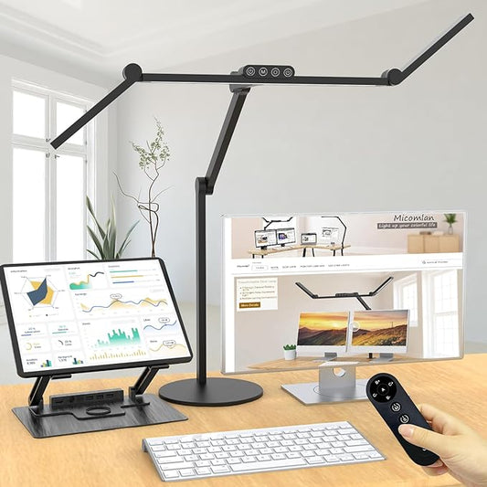 Micomlan Architect Desk Lamp with Remote Control, Adjustable Led Desk Light for Home Office with Base, 24W Bright Auto Dimming Table Light Rotatable Office Lamp with Swing Arm for Computer Cafting