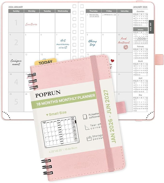 POPRUN Monthly Planner 2026-2027 (Pocket 4.25" x 6.25") 18 Months Calendar (Jan 2026 - Jun 2027) - 4 Pages per Month with Expense & Notes, Leather Cover, Sunday Starts - Pink