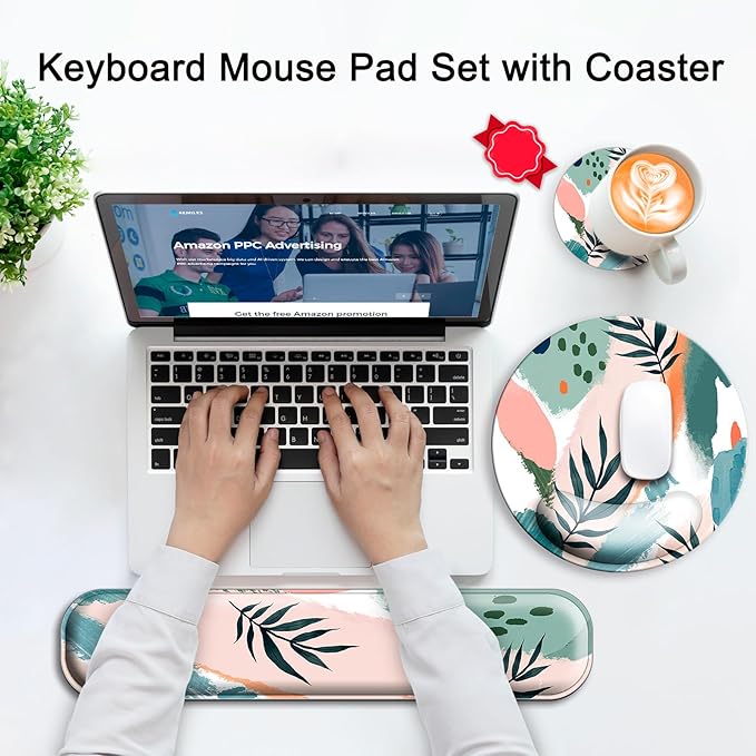 Mouse Pad and Keyboard Wrist Rest Support, with Non-Slip PU Base,Gel Mouse Pad with Coaster,Pain Relief for Gaming, Computer,Office -Sun Leaves 2