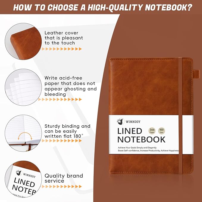 Lined Journal Notebook, 366 Pages, 100Gsm Leather Hardcover Journals for Writing Thick A5 College Ruled Classic Notebook with Pen Loop, Daily Journal for Women Men Travel Business Work Office