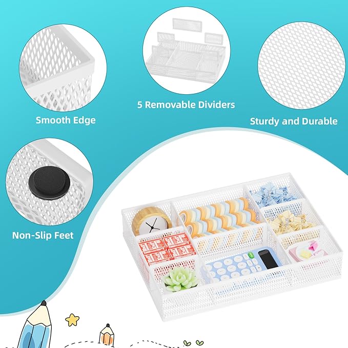 Marbrasse 2 Pack Desk Drawer Organizer, Mesh Drawer Organizer Tray with 8 Adjustable Compartments, Desk Organizers and Accessories, 5 Dividers for Office Supplies, Makeup & Vanity (White)