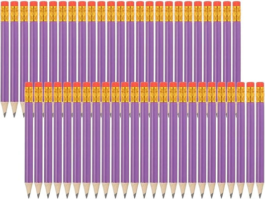 MECCANIXITY Golf Pencils with Erasers, 4" HB Mini Half Pencils Pre Sharpened Small Pens for Wedding Bridal Shower Game Office Writing Drawing(Purple, Pack of 50)