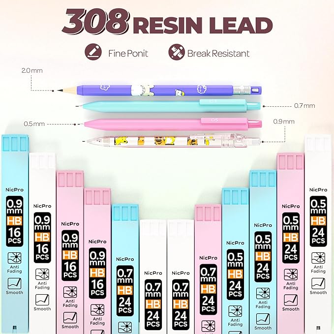 Nicpro 45PCS Aesthetic School Supplies with Pencil Case, Mechanical Pencil Set 0.5, 0.7, 0.9, 2mm with 462 PCS Lead Refills, Back to School Supplies For Writing Drawing, Ideal Stationary Set for Girls