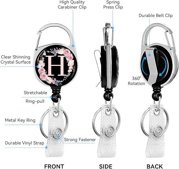 A-Z Badge Holder with Retractable Reel and Breakaway Lanyard Badge Clips Retractable Heavy Duty Badge Reel，Keychain，ID Holder with Breakaway Lanyard for School Nurse Office Teen H