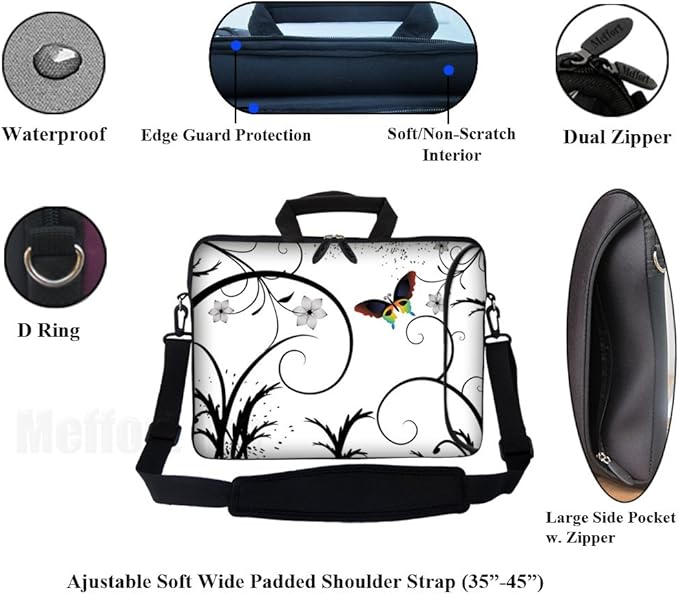 Meffort Inc 17 17.3 Inch Neoprene Laptop Bag Sleeve with Extra Side Pocket, Soft Carrying Handle & Removable Shoulder Strap for 16" to 17.3" Size Notebook Computer - White Swirl Design