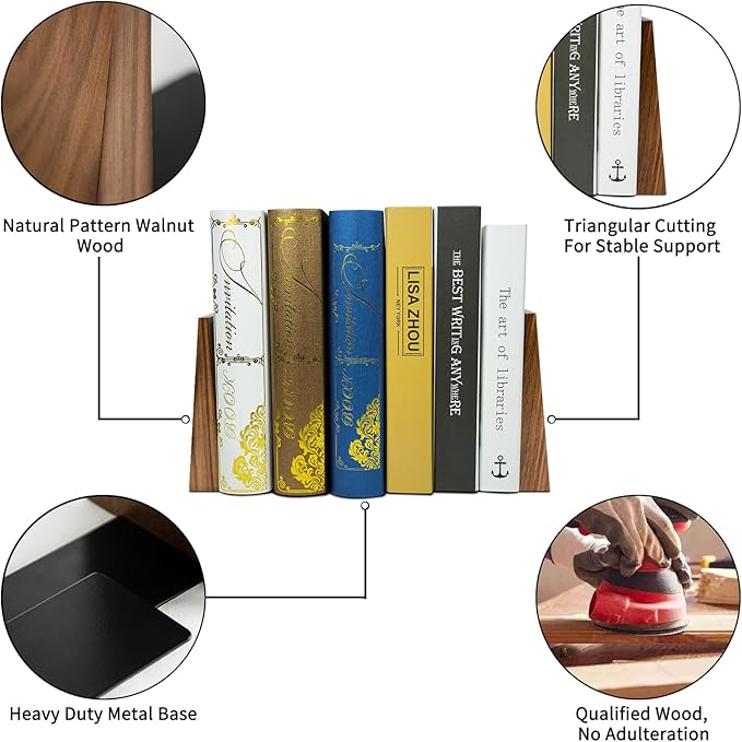 Luxdecor Walnut Book Ends Hold Heavy Books-6x5x4in Wood Bookends for Office Desk Non Skid, Decorative Walnut Bookend 2pack, Triangle Style