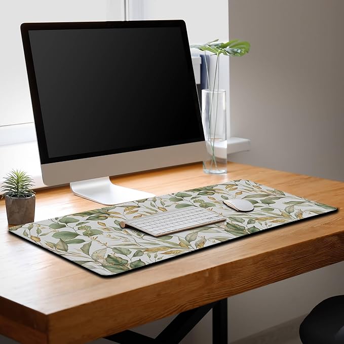 Large Mousepad Green Gold Leaf, Gaming Mousepads Keyboard Mats, Computer Gaming Mouse Pad Non-Slip Rubber Base Waterproof with Stitched Edges, 35.4 X 15.7 inch for Work/Game/Office/Home