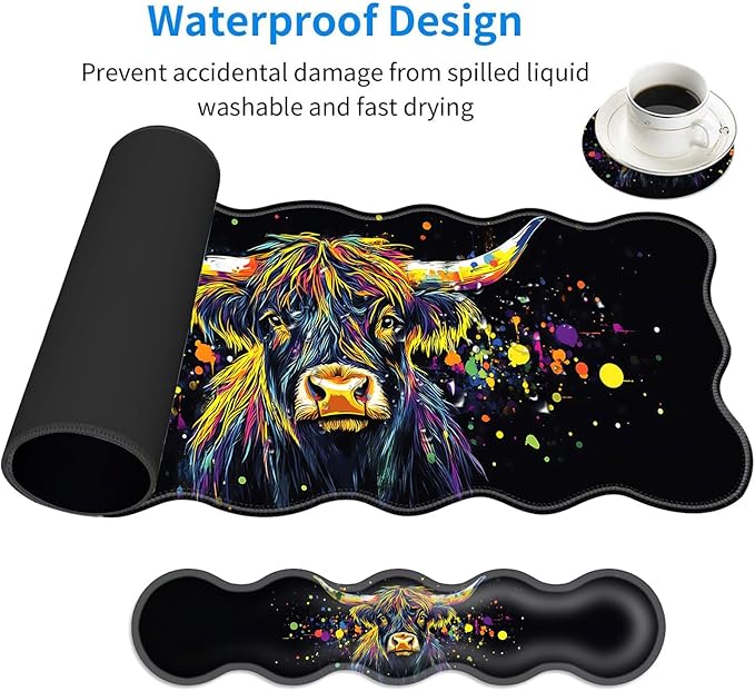 Large Mouse Pad and Keyboard Wrist Rest, Desk Pad for Keyboard and Mouse, 4-in-1 Large Gaming Mouse Pad with Wrist Support, Desk Mat for Home Office Study Game-Colorful Highland Cow