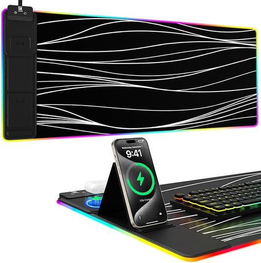 Mouse Pad with Phone Holder, Wireless Charging Desk Mat, RGB Gaming Mousepad Home Office Large Desk Pad with Ultra-Smooth Surface, Non-Slip Base, Waterproof Keyboard Pad,Wavy Black