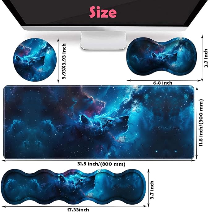 Large XXL Gaming Desk Mat 31.5"x 11.8", Ergonomic Keyboard Wrist Rest & Mouse Pad Wrist Rest + Coaster Set, Non-Slip Base, Memory Foam, Office and Home, Nebular Wolf