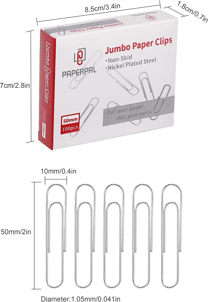 PAPERPAL Paperclips for Office School & Personal Use, Jumbo Nonskid Paper Clip (2"), 300 Large Paper Clips (3 Boxes of 100 Each), Silver