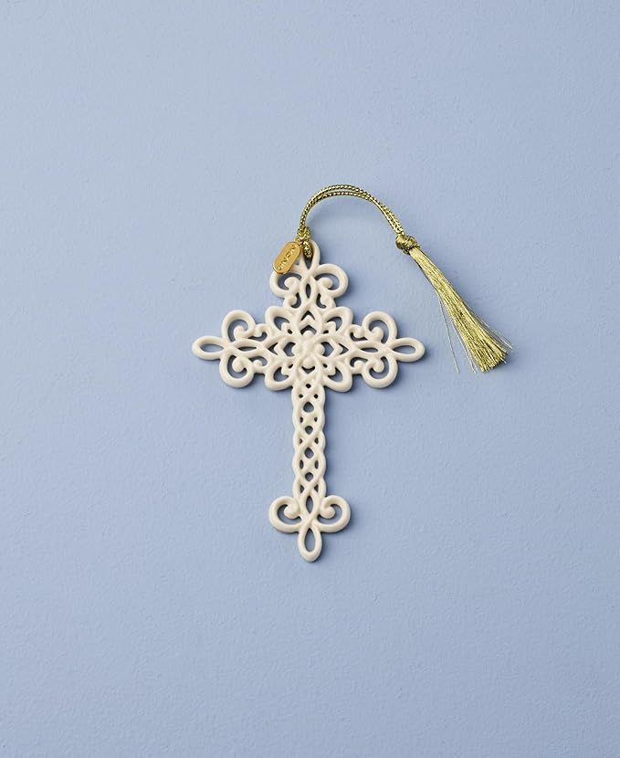 Lenox Ornament, 2025 Snow Fantasies Cross Ornament, Made from Porcelain with Gold Cord for Hanging, Christmas Tree Decorations, Winter Decorations, Christmas Decor, Cross Design (White, 1 Piece)