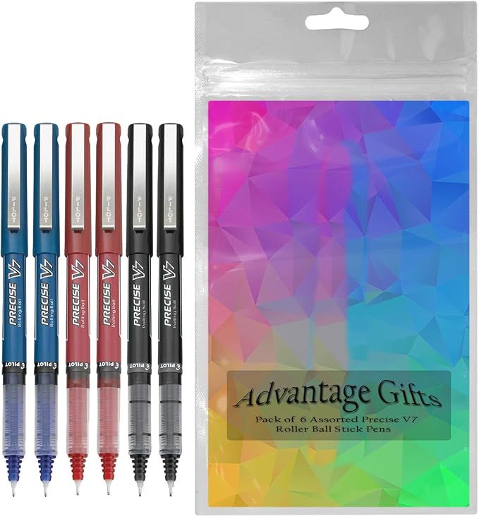 Precise V7 Stick Rolling Ball Pens, Fine Point (.7mm), Assorted Colors Black/Blue/Red Ink, 6-pk; Bundle with Plastic Reusable Pouch