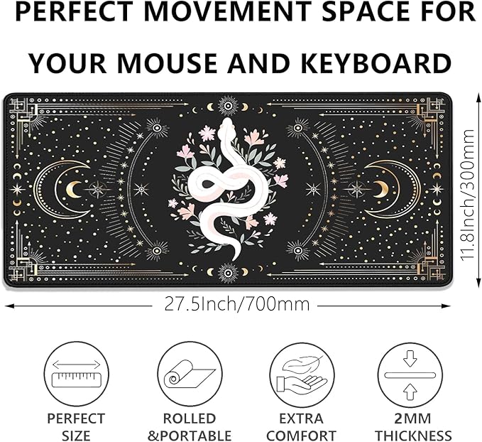 Mysterious Starry Sky Moon and White Snake Pattern Large Extended Gaming Mouse Pad E-Sports Office Desk Mat Keyboard Pad Rubber Non-Slip Computer Mouse Mat Suitable for Home Office Work(27.5X11.8 in)