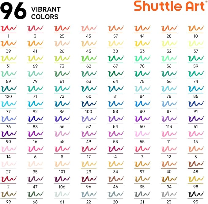 Shuttle Art Dual Tip Brush Pens, 96 Colours Fine and Brush Tip Markers Set with Pen Holder & 1 Colouring Book, Felt Tip Colouring Pens for Adults and Children Colouring Calligraphy Journal Doodling