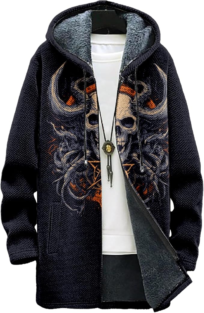 MARSVOVO Mens Cardigan Sweater Cool Graphic Lined Fleece Long Coat Zip With Pockets Fashion Coat Warm Fitted Jacket
