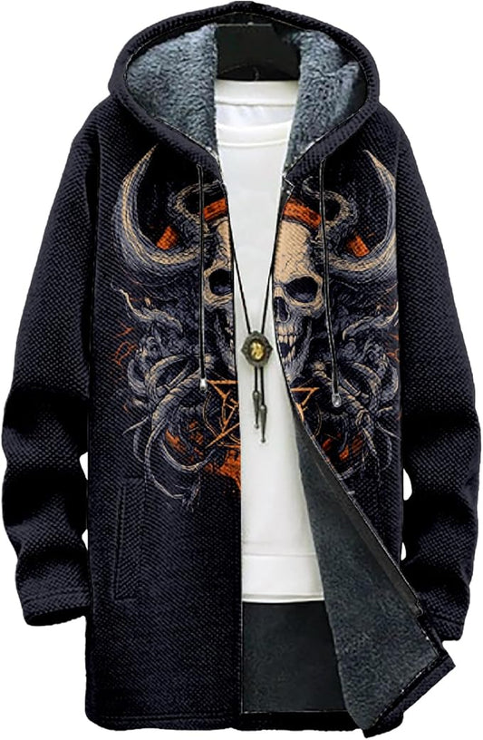 MARSVOVO Mens Cardigan Sweater Cool Graphic Lined Fleece Long Coat Zip With Pockets Fashion Coat Warm Fitted Jacket