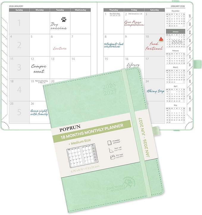 POPRUN Monthly Planner 2026-2027 (Medium- 6.5'' x 8.5'' Soft Cover), 18-Month Calendar Book (Jan.2026 - Jun. 2027), Calendar Planner with Monthly Tabs & Pocket, 100 GSM Paper - Green