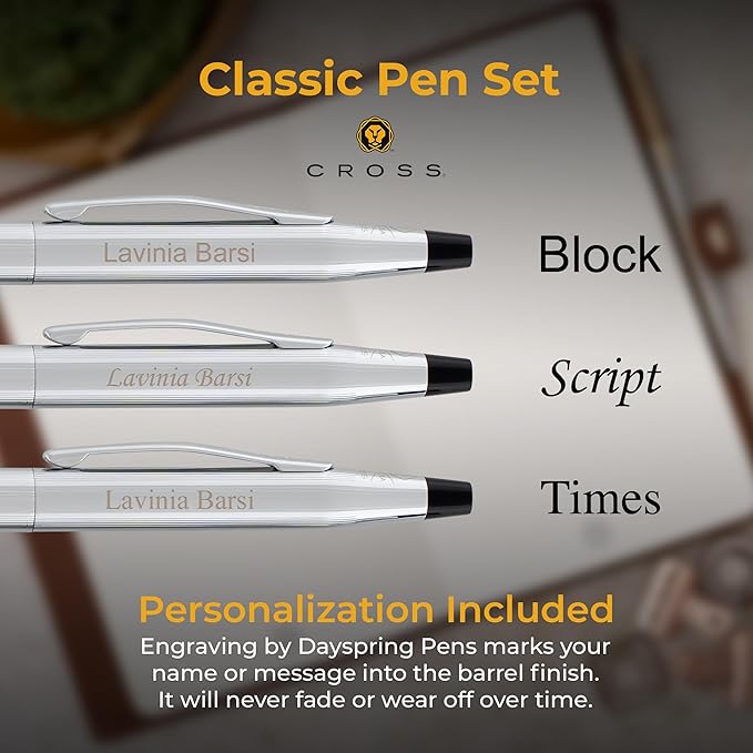 Personalized Cross Pen Set | Cross Classic Century Twist Action Ballpoint Pen & Pencil Gift Set in Lustrous Chrome. Set Includes Personalization and Gift Box.