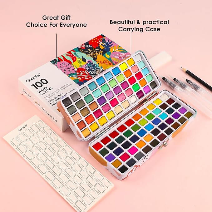 Grabie 100 Colors Watercolor Paint Set，Pack of 50 Regular, 35 Metallic, 10 Macaron and 5 Fluorescent Colors， Portable Metal Case, Water Brush Pens, and Accessories， For Beginners and Professionals