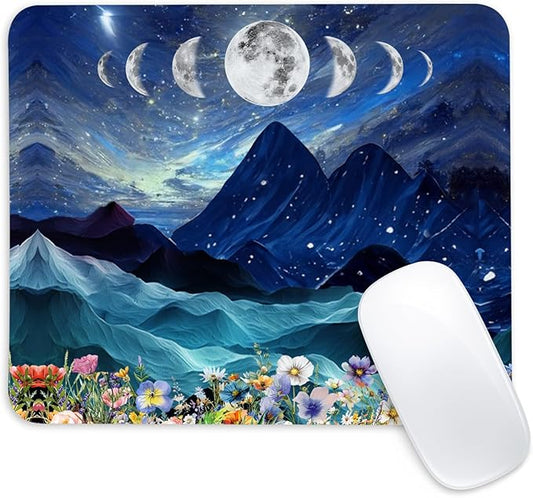 Mountain and Moon Square Mouse Pad,Non-Slip Rubber Base Mouse Pad, Home Office Decoration Desktop Accessory,Laptop Mouse Pad for Office Laptops,9.4x7.8x0.12in
