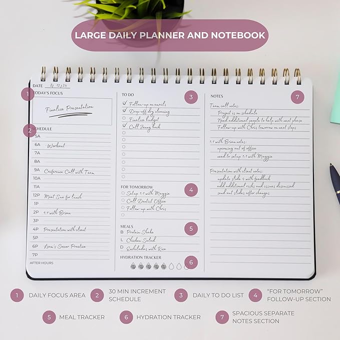 | Durable & Sleek | Undated Daily and Weekly Planner | 8.25" x 11.75" | To Do List Notebook for Work | Simple Design | Multiple Layouts | Planner and Notebook in One (Rust, Daily Planner - Landscape)