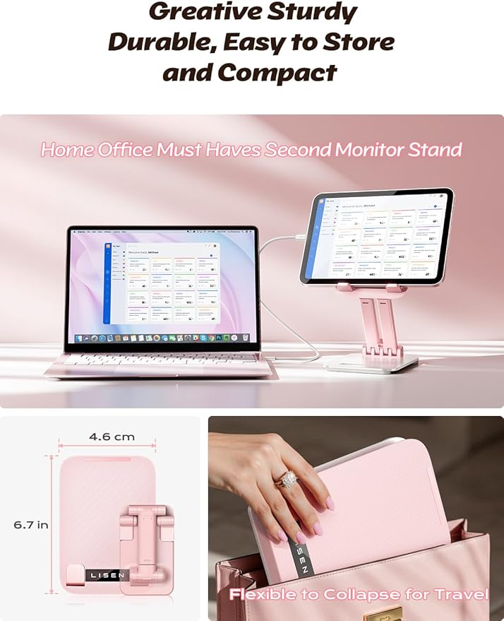 LISEN Pink Desk Accessories for iPad Office Supplies Desk Decor for Women, for Him Tablet Stand Vanity Accessories Video Zomming Face Time Free Hands