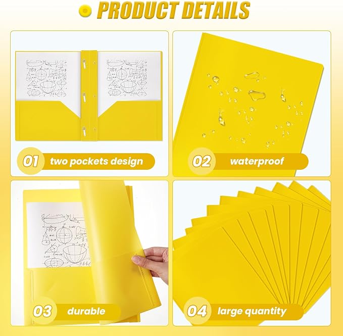 Lincia 100 Pcs Plastic Folders with Pockets and Prong Folders with Prongs Plastic Folders with 2 Pockets Pocket Folders for Office, School for Students, Teachers, Office Workers (Yellow)