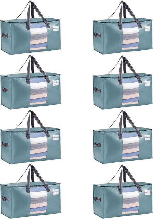 VENO 8 Pack Moving Bags, Comforter and Blanket Storage Bags for Closet, Moving Boxes, Boxes with Lids Alternative, College Dorm Packing Supplies, Foldable Heavy-Duty Tote (Shiny Light Blue, 8 Pack)