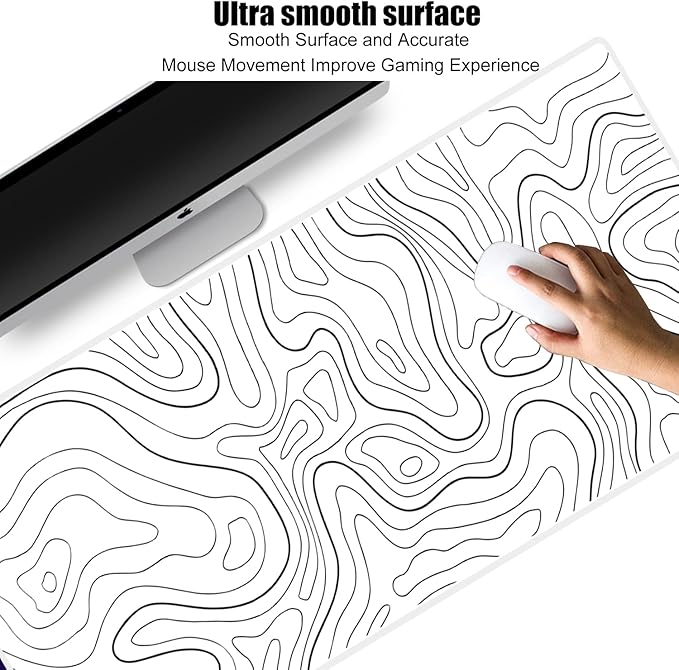 Large Gaming Mouse Pad Extended XXL Mouse Mat Long Desk Pad with Stitched Edges for Keyboard Home Office Gaming Work Big Desk Pad (35.4x15.7x0.12IN, 90x40),White Topographic