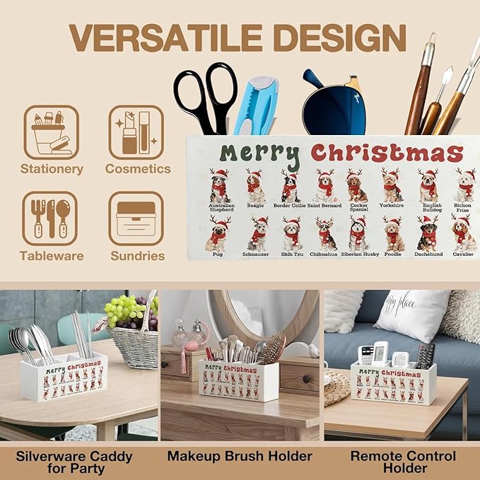 Merry Christmas Dog Pen Pencil Holder Organizer for Desk Accessories, Dog Lover Owner Gifts, Christmas Santa Dogs Chart Wooden Box Signs Decorations for Home Office Desk Tabletop