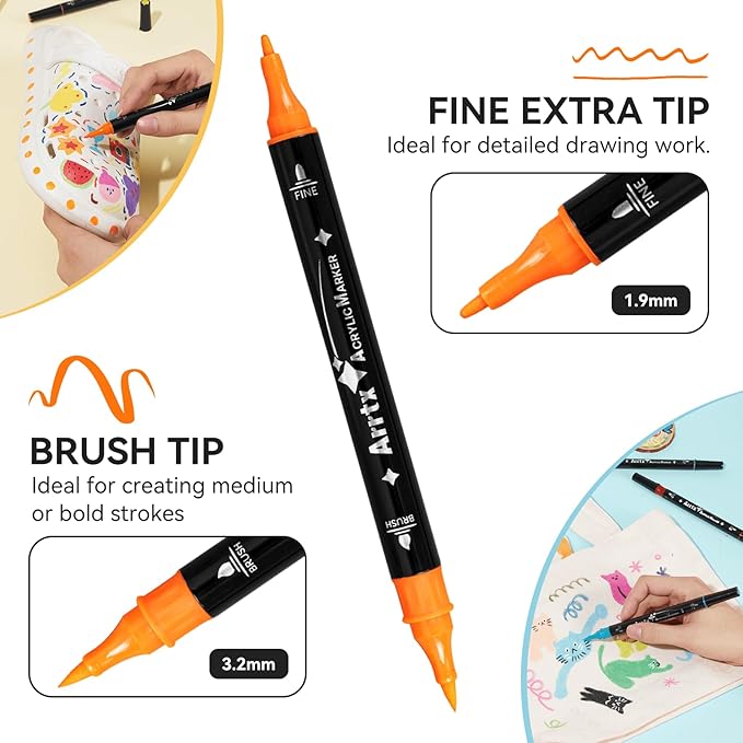 Arrtx Paint Markers Paint Pens, 64 Colors Acrylic Paint Pens Dual-Tip for Rock Painting, Ceramic, Wood, Plastic, Scrapbooking, Brush Lettering, Card Making, DIY Crafts (Fine Tip and Brush Tip)
