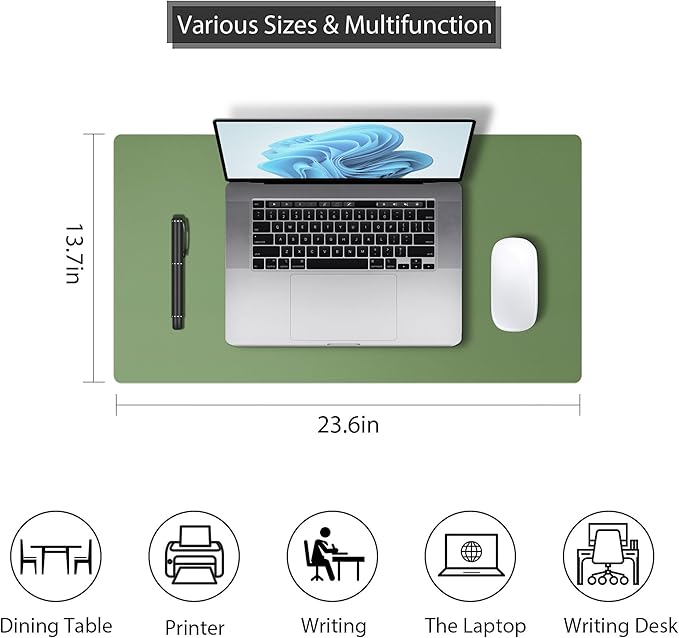 Leather Desk Pad Protector, Mouse Pad, Non-Slip Computer Mat for Desk, PU Leather Office Desk Mat for Home & Office, Waterproof Laptop Desk Blotter for Keyboard and Mouse, Olive Green (13.7''X23.6'')