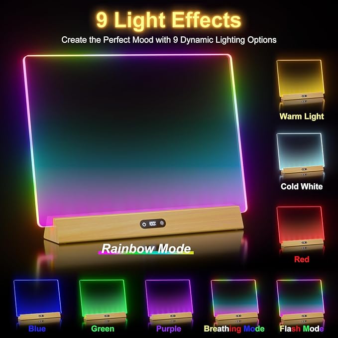 LED Note Board with Colors, Rechargeable 17-Inch Doodle Glow 9-Mode Light Up Desk Sign Letter Message Memo Drawing Dry Erase Board for Classroom/Home Decor/Office/Gifts, 5 Markers & Tracing Book