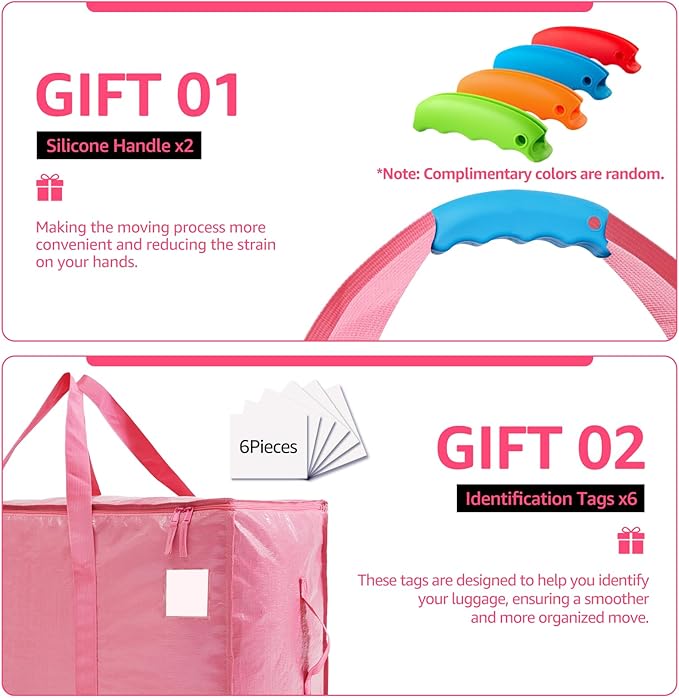 Moving Bags Heavy Duty Extra Large, Moving Boxes, Moving Supplies Essentials,Storage Bins with Lids, Plastic Packing Totes, Storage Bags for Clothes with Handles & Zippers(Pink, 6 Pack)