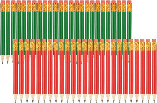 MECCANIXITY Golf Pencils with Erasers, 4" HB Mini Half Pencils Pre Sharpened Small Pens for Wedding Bridal Shower Game Office Writing Drawing(Green/Red, Pack of 50)