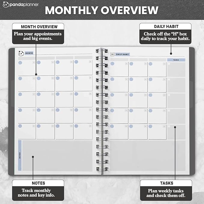 Panda Planner 2025-2026 Undated Daily Planner 5.75" x 8.25" – 90-Day Spiral Academic & Productivity Planner with Hourly Schedule, Habit Tracker, To-Do List & Monthly Calendar – ADHD-Friendly Panda Journal (Gray)